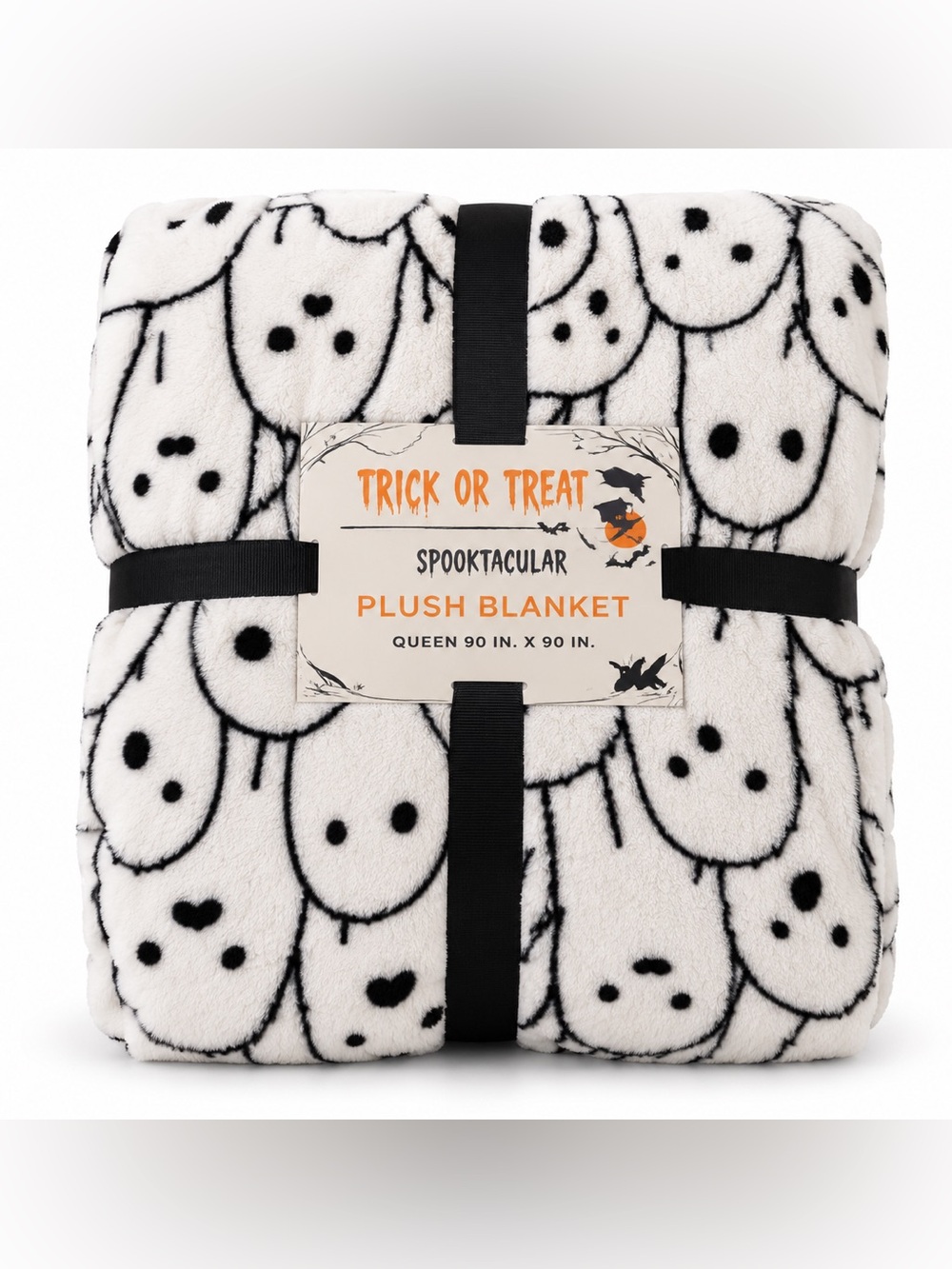 Trick or Treat Spooktacular Ghost Plush Blanket Queen 90x90 Halloween White Blac